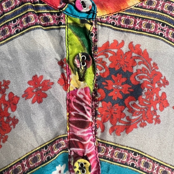 Johnny Was 100% Silk Bright Colorful Floral Print Bohemian Peasant Blouse Top L - Picture 9 of 12